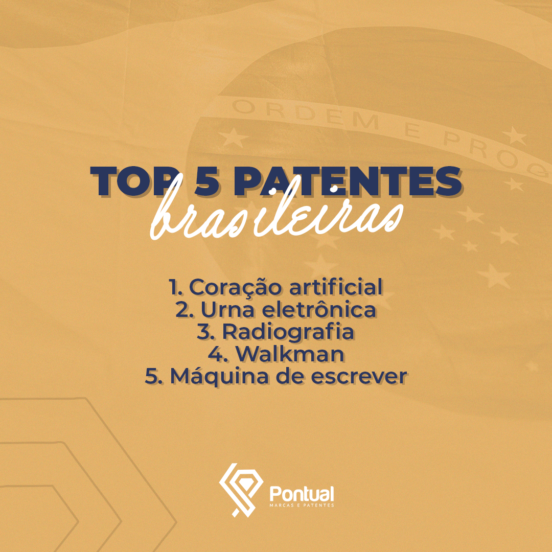Top 5 patentes Brasileiras 1. Coração artificial 2. Urna eletrônica 3. Radiografia 4. Walkman 5. Máq